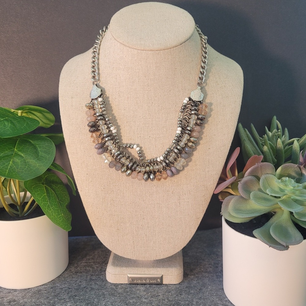 Multi Strand Tiered Beaded Bib Necklace Waterfall Fringe Statement 18in